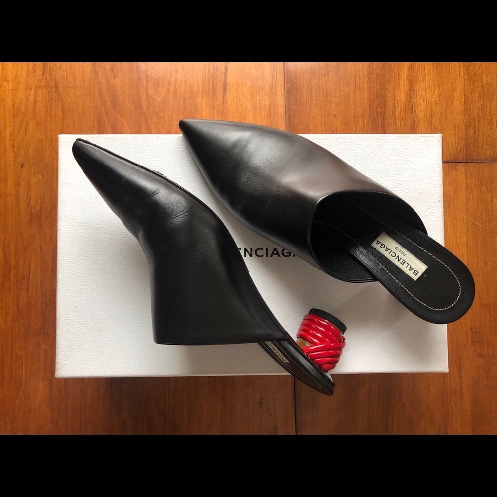 BALENCIAGA Bistrot Black Mules Red Rope Heel sz 37